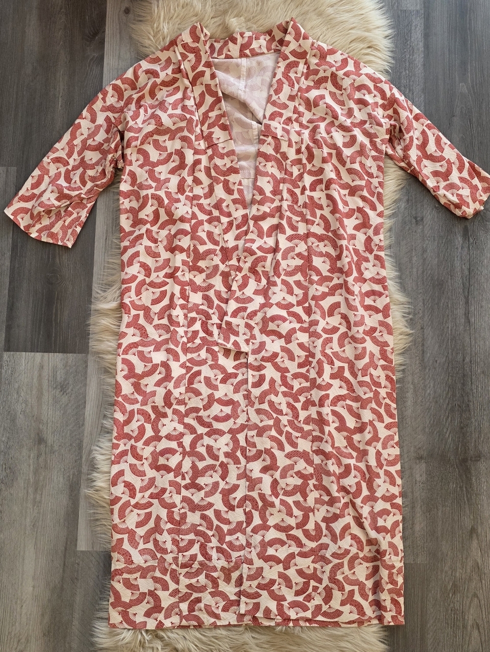 Vintage Red And White‎ Fan Print Full Length Handmade Kimono